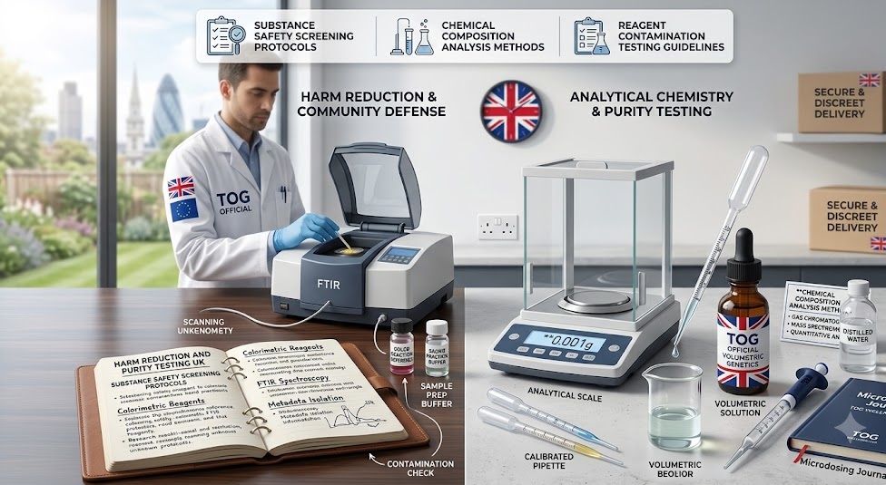 Comprehensive technical layout illustrating harm reduction and purity testing UK standards, showcasing substance safety screening protocols nodes, chemical composition analysis methods charts, and reagent contamination testing guidelines logs next to a digital analytical scale.