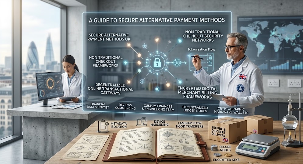 Comprehensive technical layout detailing a guide to secure alternative payment methods, showcasing secure alternative payment methods UK nodes, non traditional checkout security networks architecture, and decentralized online transactional gateways next to a financial ledger.