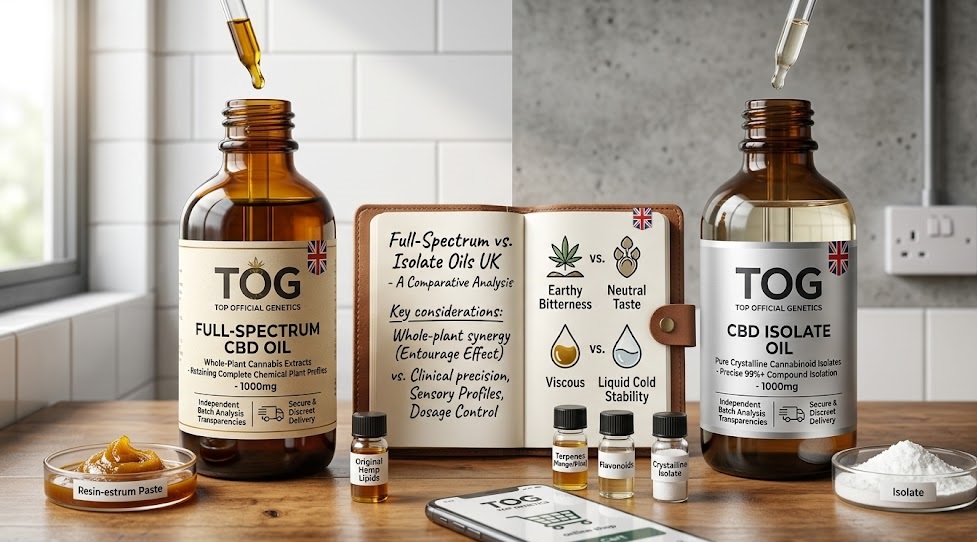 Technical graphic exploring full-spectrum vs isolate oils UK industry benchmarks, depicting a side-by-side visual analysis of complex amber whole-plant cannabis extracts next to ultra-pure crystalline cannabinoid isolates.