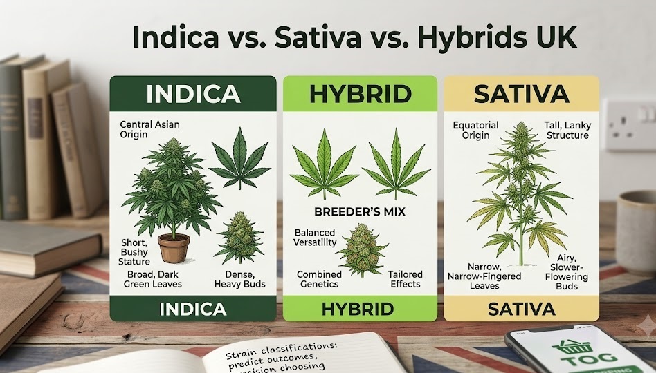 Infographic showing the indica vs sativa vs hybrids UK market comparison, illustrating leaf shapes, physical statures, and genetic origin traits side-by-side.