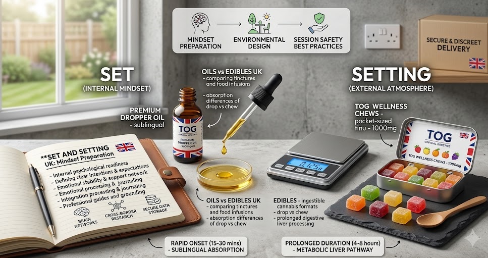 Comprehensive instructional graphic mapping out fundamental set and setting UK safety standards, featuring an engineered clinical treatment room with an anatomical brain scan visualization display and a supportive medical supervisor note-taking journal.