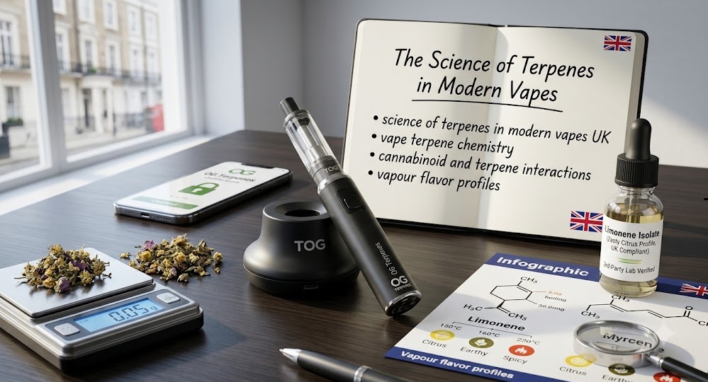 Infographic showing the science of terpenes in modern vapes UK trends, illustrating vape terpene chemistry profiles like myrcene and limonene alongside ceramic core hardware.