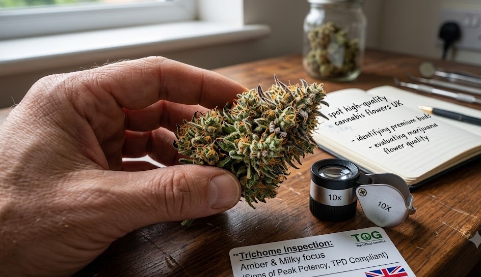 Infographic outlining how to spot high-quality cannabis flowers UK collectors trust, detailing trichome colors, bud density, and correct moisture curing indicators.