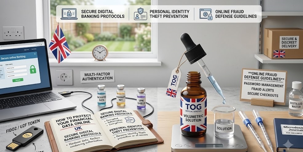 Comprehensive digital dashboard displaying instructions on how to protect your financial data online, featuring secure digital banking protocols nodes, dynamic data protection keys, and personal identity theft prevention metrics beside a physical network monitoring guide.