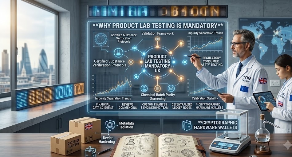 Comprehensive technical display outlining why product lab testing mandatory UK regulations are vital, featuring certified substance verification protocols nodes, chemical batch purity screening matrices, and regulatory consumer safety testing charts beside a digital analytical scale.