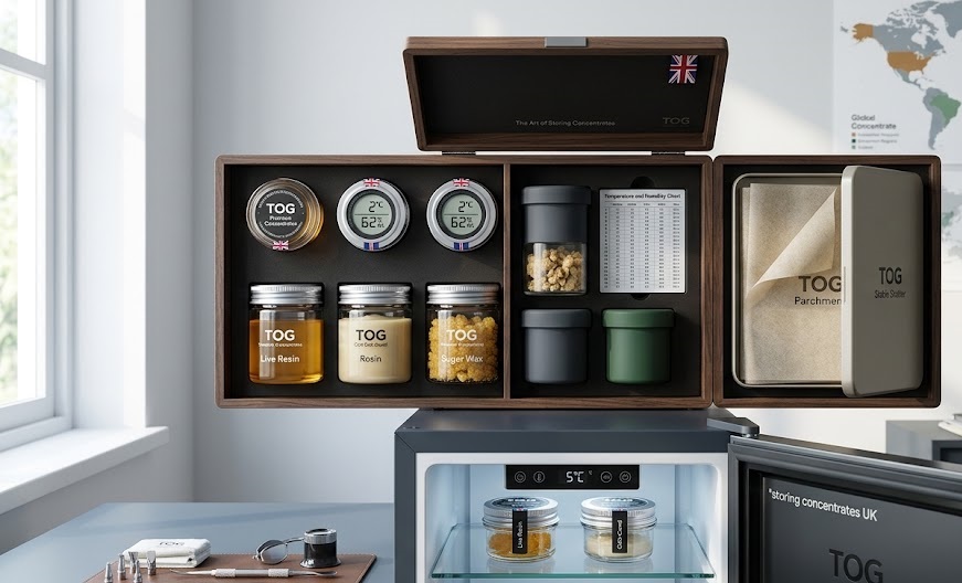 Technical graphic outlining the art of storing concentrates UK market best practices, illustrating an organized climate-controlled dab fridge filled with premium glass jars and parchment rolls side-by-side.