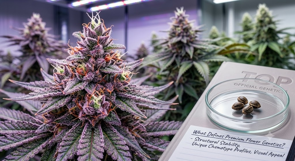 Close-up macro photograph showing premium flower genetics UK standards, highlighting dense capitate-stalked trichome structures and colorful purple pistils on an elite botanical cultivar.