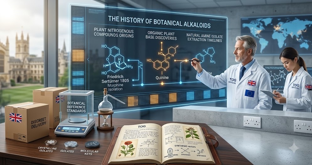Comprehensive instructional display illustrating the botanical alkaloids history UK researchers track, featuring plant nitrogenous compounds origins diagrams, organic plant base discoveries timeline charts, and a vintage glass distillation setup next to an open laboratory journal.