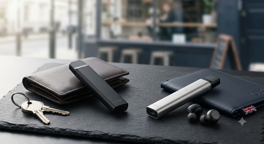 Infographic showcasing premium discreet and portable vapes UK market trends, illustrating sleek stealth vaping devices and compact pocket-sized e-cigarettes on a wooden desk.