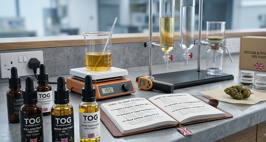 Technical graphic outlining a complete guide to liquid extracts cannabis UK regulations, illustrating a amber glass dropper bottle dispensing golden oil next to lab-verified full-spectrum tincture testing equipment.