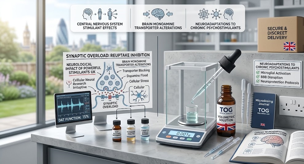 Comprehensive technical display charting the neurological impact of powerful stimulants UK medical experts track, featuring brain monoamine transporter alterations diagrams, central nervous system stimulant effects timelines, and an analytical laboratory scale beside an open clinical neurobiology journal.