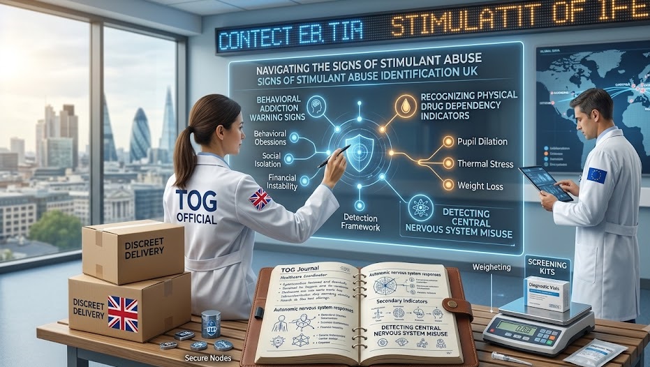 Comprehensive technical display charting signs of stimulant abuse identification UK metrics, featuring behavioral addiction warning signs diagrams, recognizing physical drug dependency indicators logs, and a digital analysis scale beside an open medical reference book.
