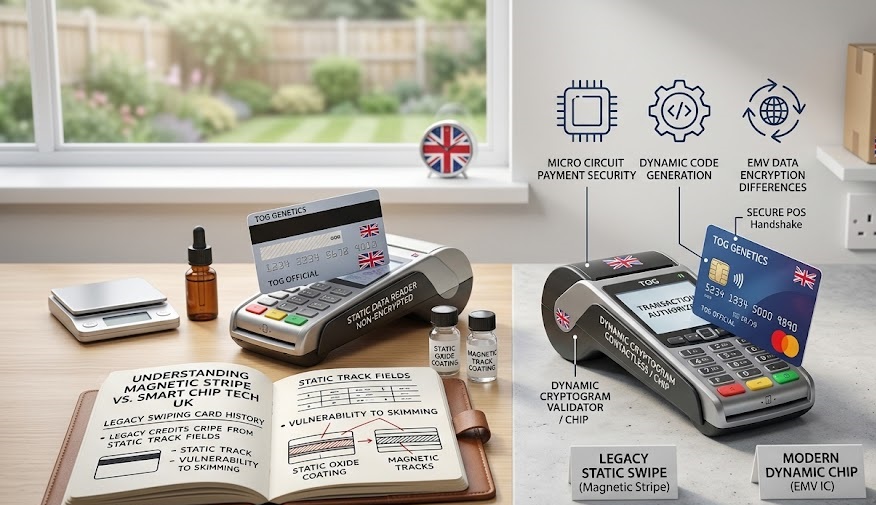 Comparative laboratory blueprint detailing understanding magnetic stripe vs. smart chip tech, showcasing legacy swiping card history tracks, microcircuit payment security mechanisms, and EMV data encryption differences next to an internal verification notebook.