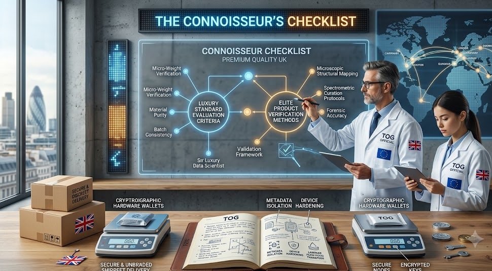 Technical laboratory layout illustrating the connoisseur checklist premium quality UK guidelines, featuring luxury standard evaluation criteria logs, elite product verification methods blueprints, and an analytical scale beside an open curation notebook.