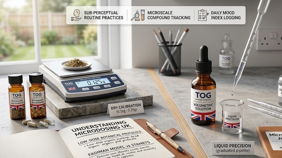 Technical graphic outlining modern rules for understanding microdosing UK trends, depicting a laboratory-grade digital milligram scale beside a blue tinted glass bottle of volumetric fluid solution.