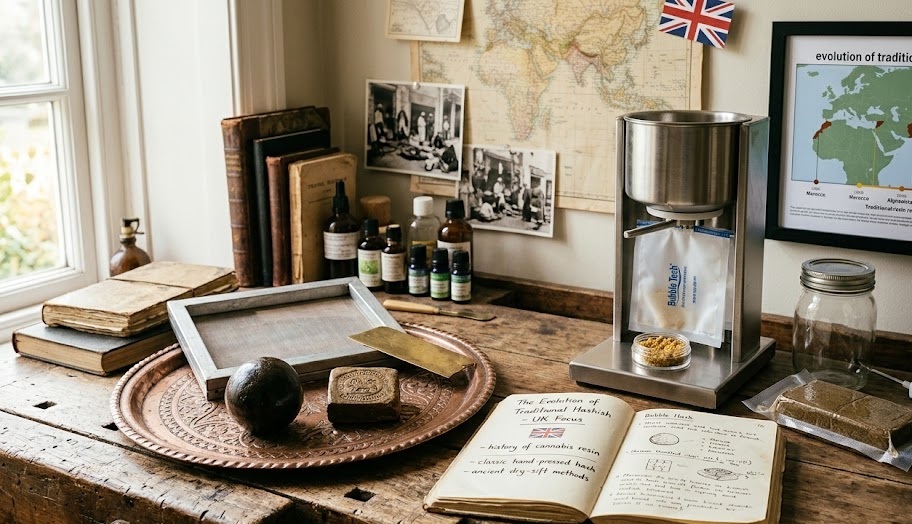 Infographic charting the evolution of traditional hashish UK enthusiasts follow, illustrating the historical transition from Himalayan hand-pressed techniques to modern ice water filtration.