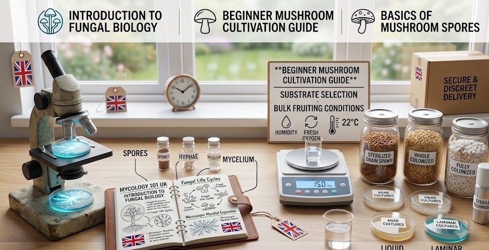 Comprehensive instructional infographic mapping out fundamental mycology 101 uk research standards, featuring clean laboratory tools like a digital milligram scale, petri dishes, and a mushroom spore analysis journal.