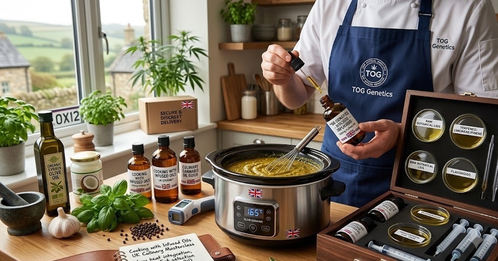 Technical graphic outlining a master guide to cooking with infused oils UK practices, depicting a golden bottle of culinary cannabis oil being accurately measured into a digital slow cooker next to fresh kitchen herbs.