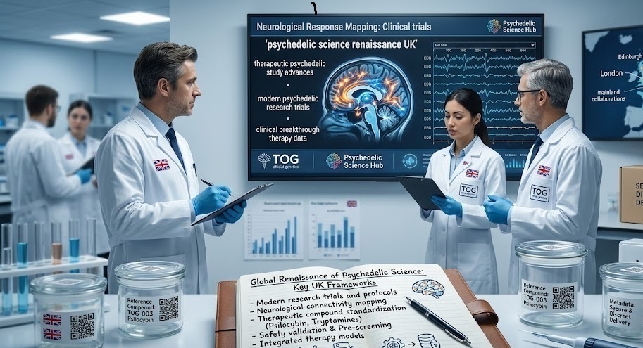 Comprehensive infographic charting the psychedelic science renaissance UK academic networks follow, illustrating clinical trial data pipelines and neural mapping configurations.