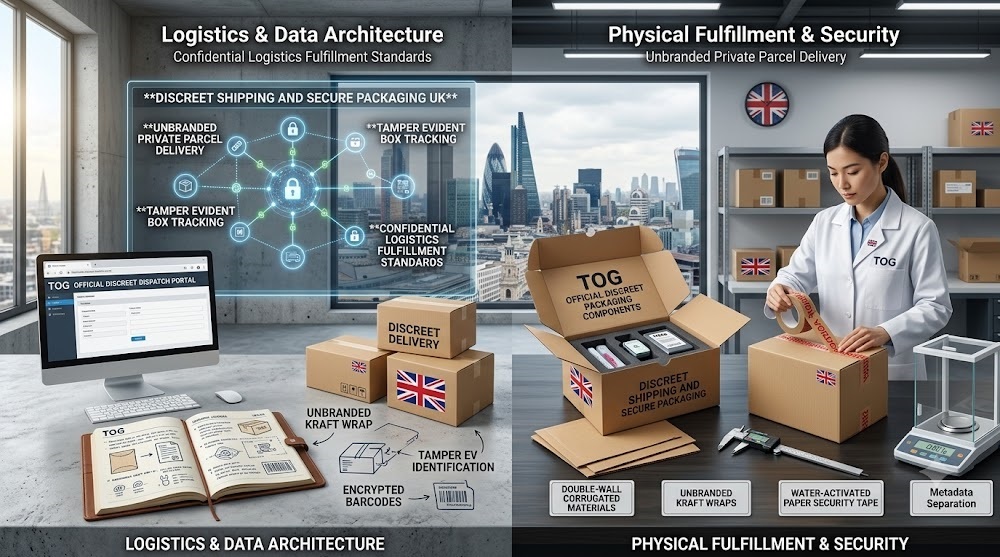 Comprehensive technical blueprint detailing discreet shipping and secure packaging UK standards, illustrating unbranded private parcel delivery nodes, tamper evident box tracking indicators, and confidential logistics fulfillment standards logs next to a digital shipping scale.