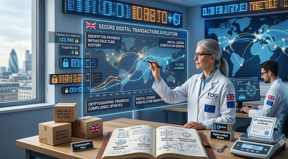 Technical corporate blueprint illustrating the secure digital transactions evolution, showcasing encrypted payment infrastructure history nodes, multi-layered data security keys, and digital ledger verification growth metrics next to an enterprise integration notebook.