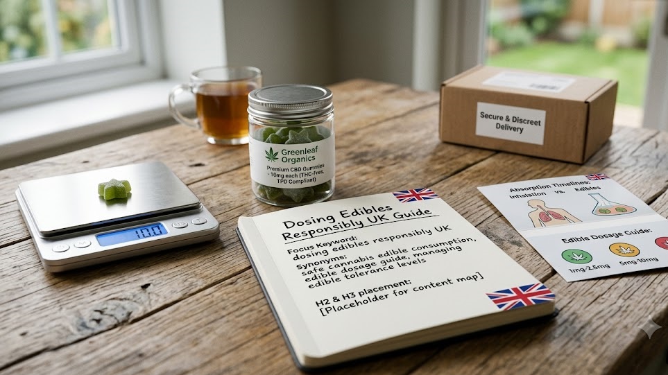 Infographic displaying the core metrics for dosing edibles responsibly UK style, illustrating milligram measurement scales and safe absorption timelines.