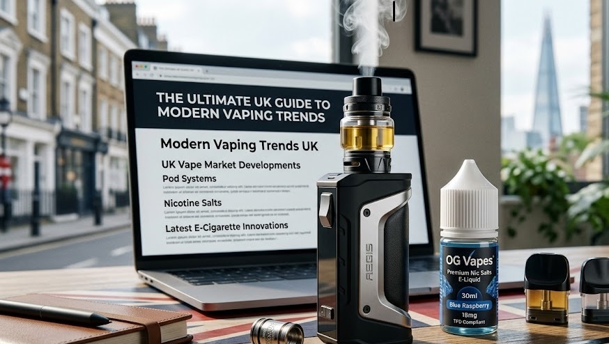 Infographic displaying modern vaping trends UK market share including premium pod systems, e-liquid formulations, and electronic cigarette innovations.