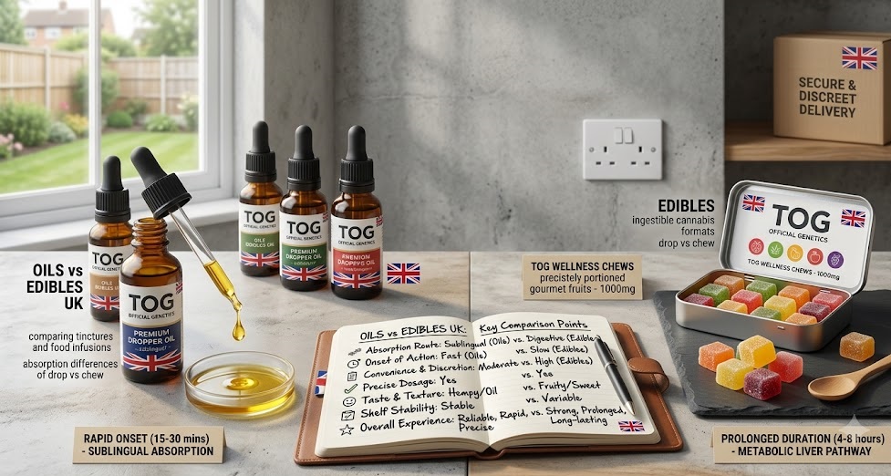 Technical graphic exploring oils vs edibles UK format comparisons, detailing a side-by-side visual layout of golden sublingual fluid dropper bottles next to precisely portioned wellness fruit chews.