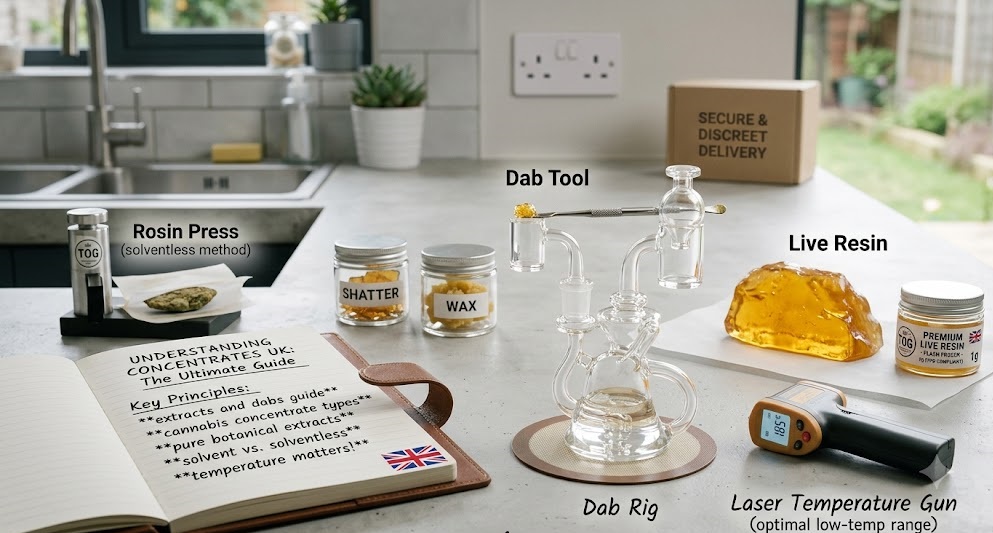 Infographic outlining the core principles of understanding concentrates UK market trends, detailing the structural differences between shatter, wax, and live resin extracts.