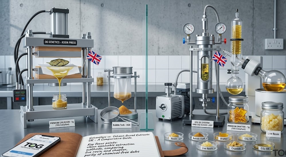 Infographic comparing solventless vs solvent-based extracts UK market trends, showing a technical side-by-side comparison of mechanical hydraulic rosin presses and chemical closed-loop purging systems.