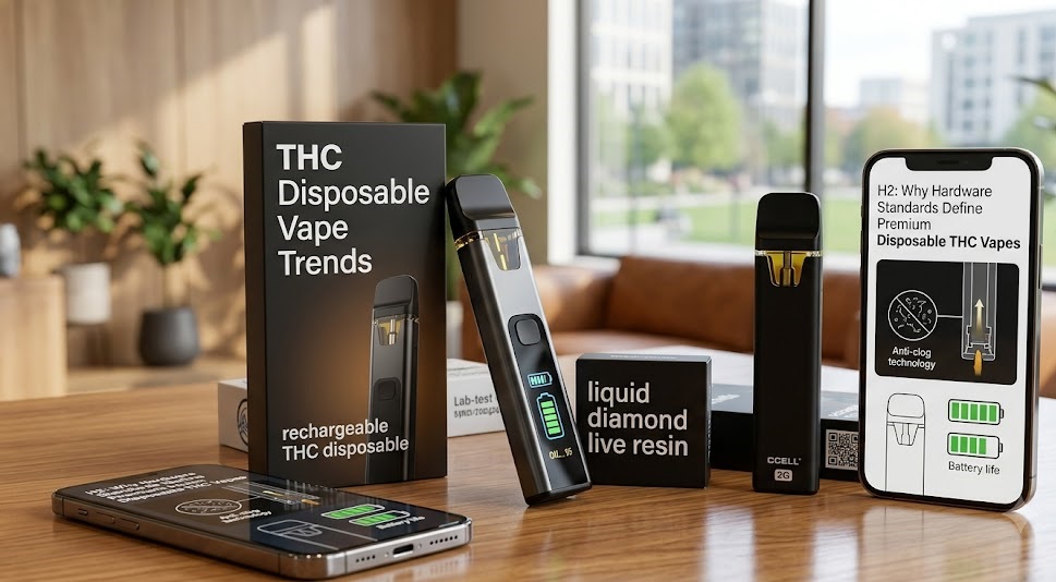 A sleek, matte-black rechargeable disposable THC vape pen standing upright next to its premium cardboard packaging.