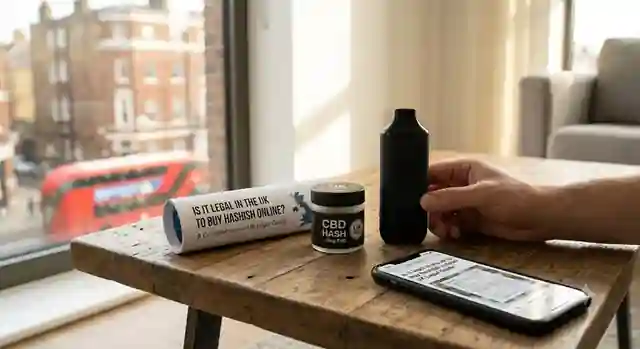 A legal CBD hashish product alongside a modern hashish vapouriser in the UK.