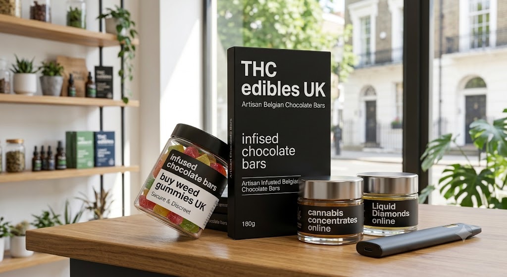A collection of premium gourmet cannabis-infused chocolate bars and colorful fruit gummies arranged neatly on a sleek modern countertop.