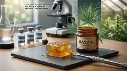 Bask-N Dab Bins premium amber concentrate block on a slate slab next to a product jar and a laboratory microscope for quality testing.