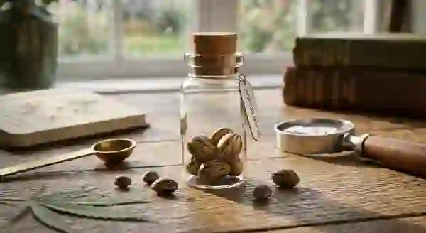 A clear glass vial containing collectible autoflowering seeds uk with a metal tag labeled topofficialgenetics on a wooden desk.