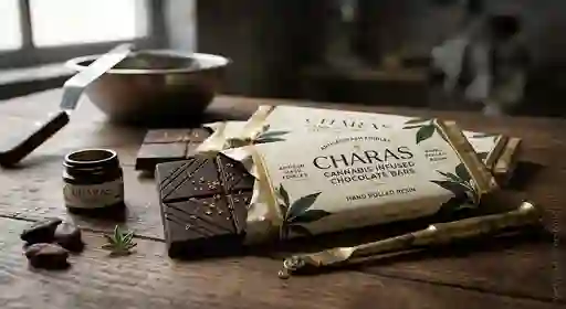 An open wrapper exposing dark Charas Cannabis Infused Chocolate Bars next to a small jar of charas resin on a rustic wooden table.