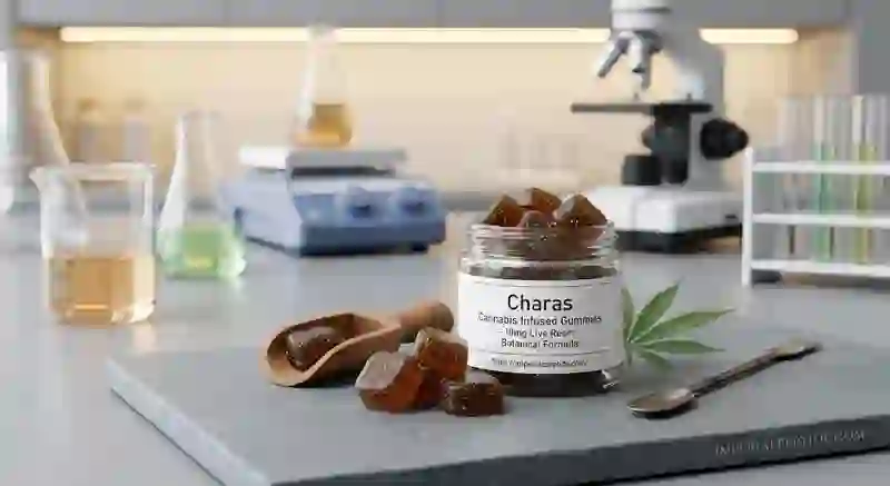 A clear glass jar of Charas Cannabis Infused Gummies labeled with imperialpeptide.com on a laboratory table next to a microscope and beaker.