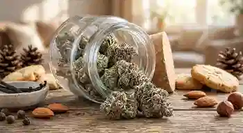 Dense frosted green and purple buds of the Mega Milkbone strain covered in orange hairs and thick trichomes