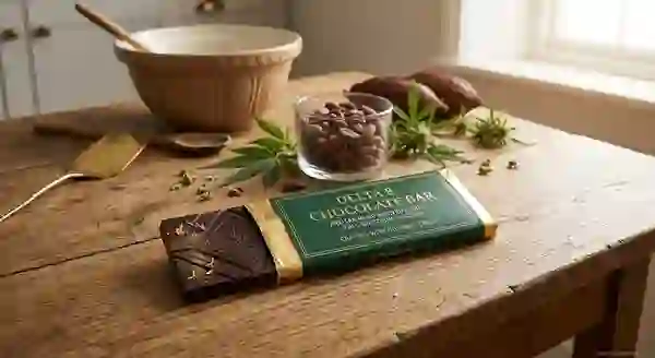 A premium Delta 8 Chocolate Bar partially unwrapped in gold foil with topofficialgenetics.co.uk branding on a rustic wooden table.