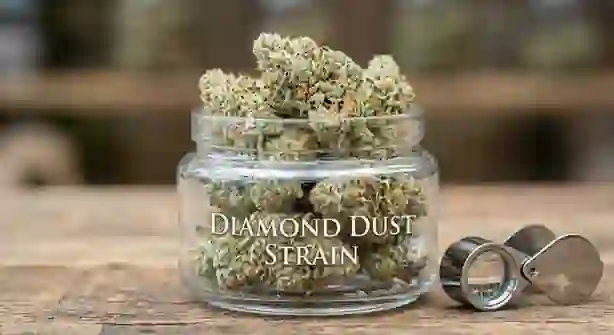Dense frosted cannabis buds of the Diamond Dust strain covered in shiny white trichomes