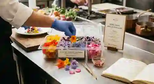A professional chef arranging edible flowers from a clear multi-compartment container on a stainless steel counter at topofficialgenetics.