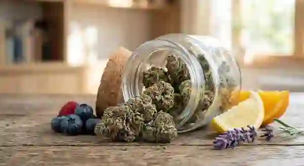 Dense dark purple and green buds of the Gelato strain covered in orange hairs and sparkling trichomes