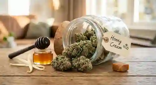 Dense frosted buds of the Honey Cream strain displaying amber hairs and glistening trichomes