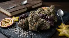 Frosted dense buds of Kaws Rocks Exotic showcasing heavy trichome coverage and purple hues