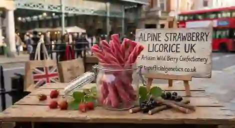 Red traditional red licorice twists in a glass jar alongside fresh wild strawberries and licorice root for an Alpine Strawberry Licorice uk guide.