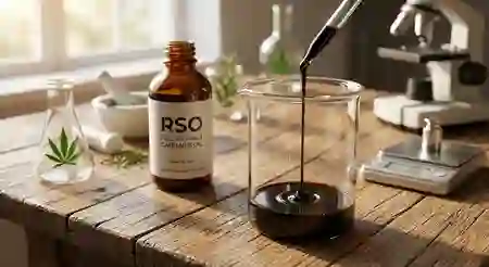 Dark full extract cannabis oil dripping from a glass pipette into a beaker for a what is rso educational guide next to laboratory equipment