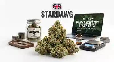stardawg strain dried flower buds displaying bright orange pistils, dense trichomes, and UK guide setup