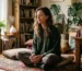 A woman sitting peacefully on a rug meditating during a dmt duration experience in a plant-filled room
