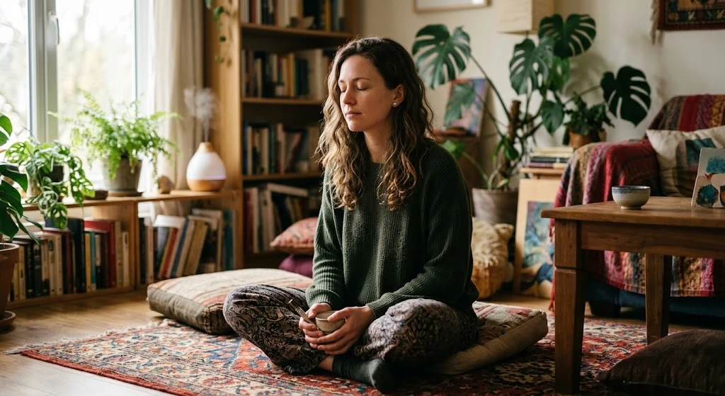 A woman sitting peacefully on a rug meditating during a dmt duration experience in a plant-filled room